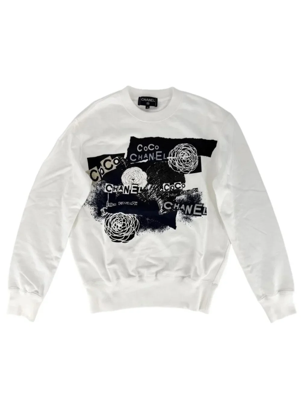 Chanel Top CC Logo Camellia Sweatshirt XS White Black Cotton Spring Autumn
